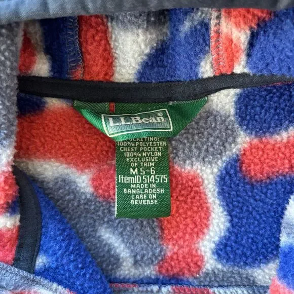L.L.Bean Kids Medium 5-6 Hooded Fleece Jacket Retro Camo Red Blue Gray Zip - Picture 5 of 8